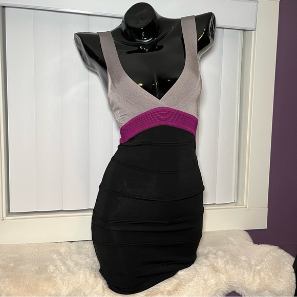 bebe Y2K Bodycon Bandage Mini Dress Silver/Purple/Black Size XS - Picture 1 of 7